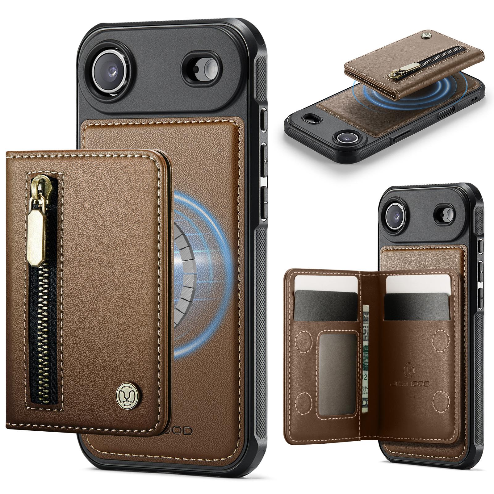 

Detachable Zipper Card Bag Leather Case for Google Pixel 10 Pro XL Google9 Pro 9A Split Wallet Stand Mobile Phone Flip Cover Google Pixel 9 коричневый