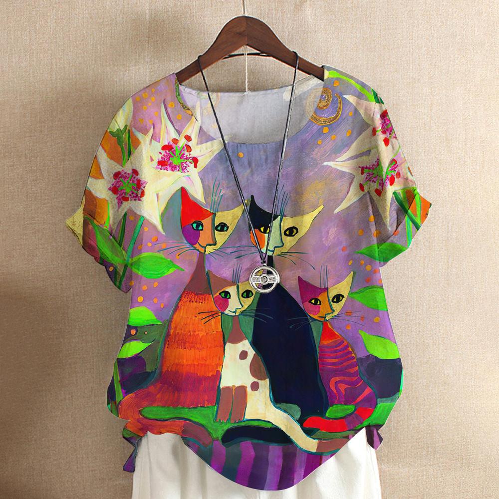 Maglietta da donna con gatto dei cartoni animati, camicetta Harajuku, scollo a V, manica corta, oversize, casual, pullover, estate, magliette carine, abbigliamento femminile