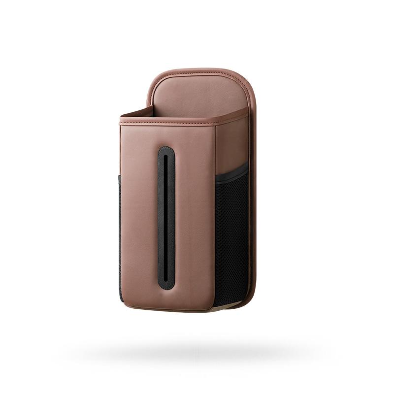 Car Seat Side Tissue Holder with Storage Pouch Leather Auto Driver Seat Hanging Organizer Mesh Phone Storage Pocket Napkin Box