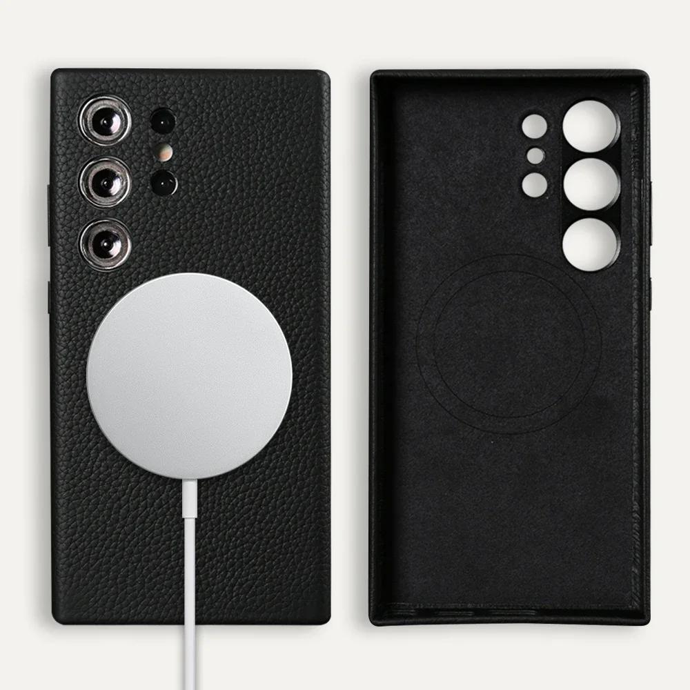 Für Magsafe Hülle Samsung Galaxy S25 Ultra S26 Premium Echtes Leder Cover Magnetische Funda S23Plus S23Ultra Hüllen Vollständige Abdeckung