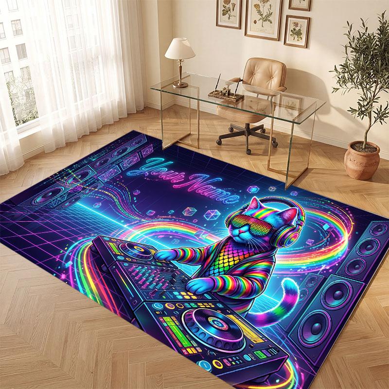 Cat Theme Crystal Velvet Floor Rug Personalized Custom Name Text Warm Carpet Home Decoration