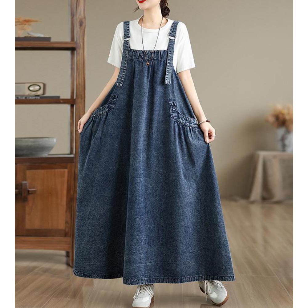 Vestito Salopette in Denim Lavato Retrò da Donna Vestibilità Larga Lungo Maxi Linea ad A Casual Tuta Vestito