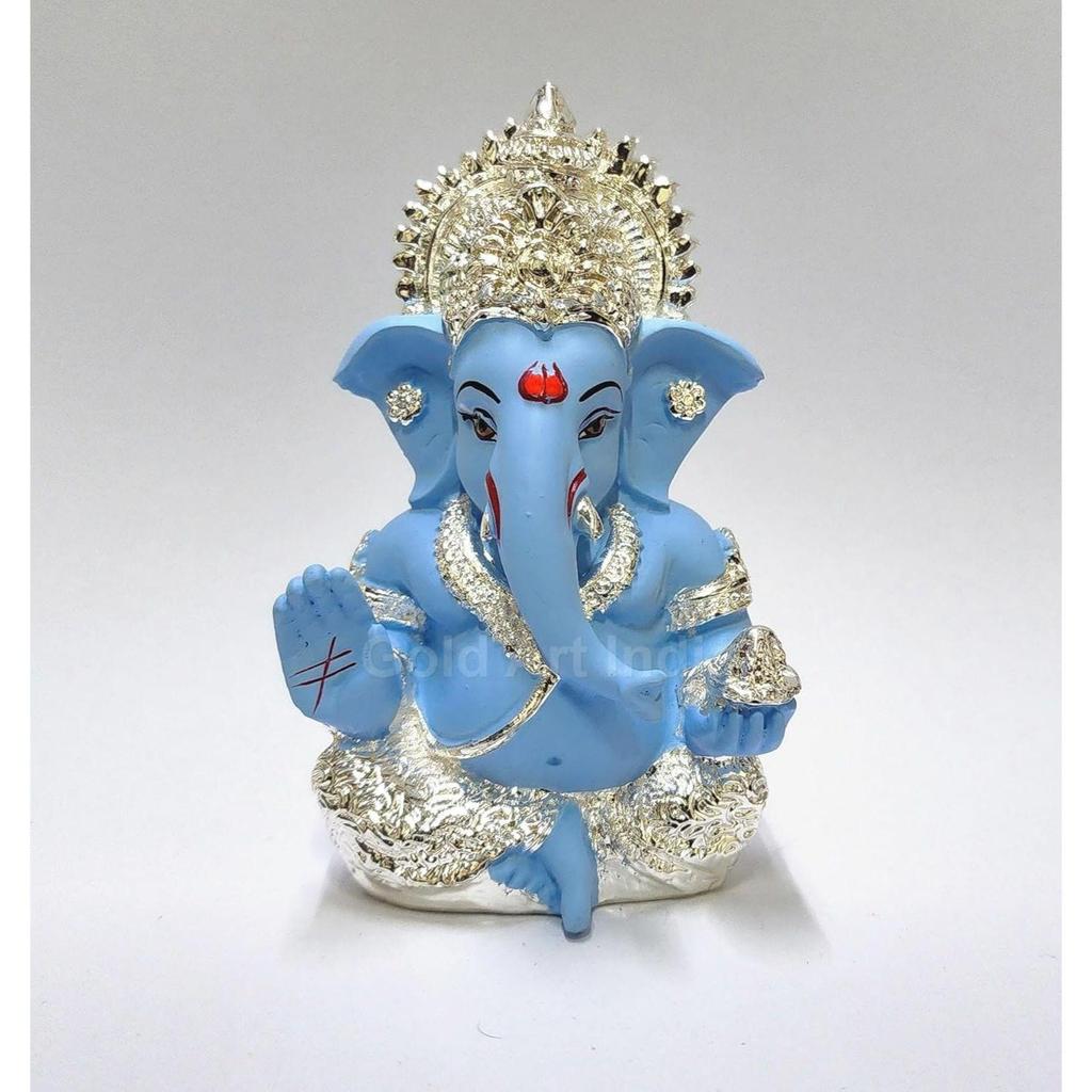 Silver Plated Idol for Ganesh Idol for Car Dashboard God Ganesha Idol for Home Decor Ganpati for Gift 3.5 inches (Silver) (Silver Sky Blue), Idol