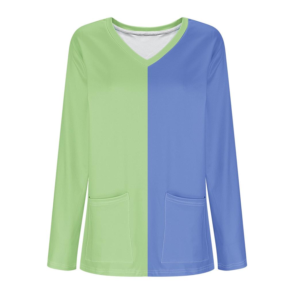 Women's Fashion V-Neck Long Sleeve Workwear With Pocket Striped Printed T-Shirt Top
