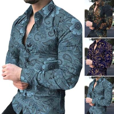 Męska wiosenno-letnia koszula z kołnierzykiem jednorzędowym Slim Fit z długimi rękawami i guzikami miękki, oddychający kwiatowy nadruk średniej długości męski top