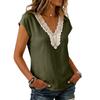 Women Casual Pullover Top V Neck Lace Trim Stitching Short Sleeve Blouse Lightweight Loose Fit Shirt for Everyday Wear