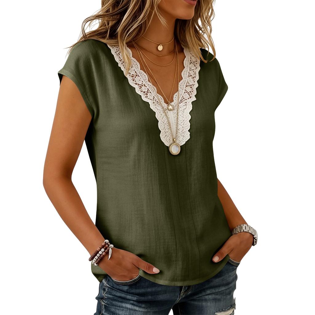 Women Casual Pullover Top V Neck Lace Trim Stitching Short Sleeve Blouse Lightweight Loose Fit Shirt for Everyday Wear