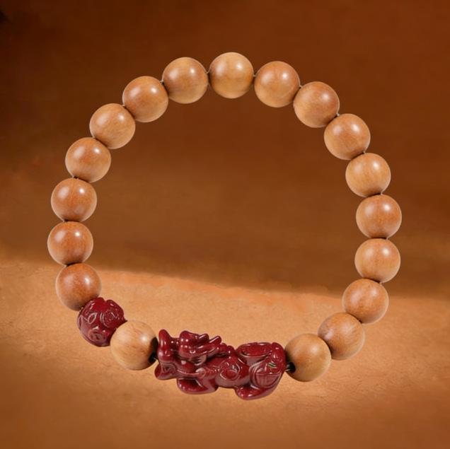 2026 Year of the Dragon: Peach Wood Cinnabar Bracelet with Purple Gold Sand, featuring Samantabhadra Bodhisattva & Zodiac Protection Amulet