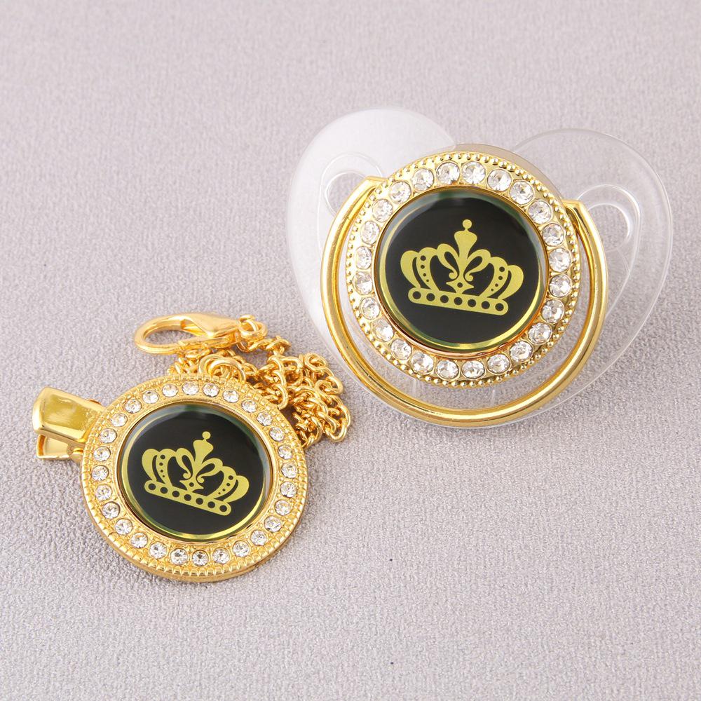 High-End Gold Diamond Baby Pacifier with Cartoon Crown and Chain Clip