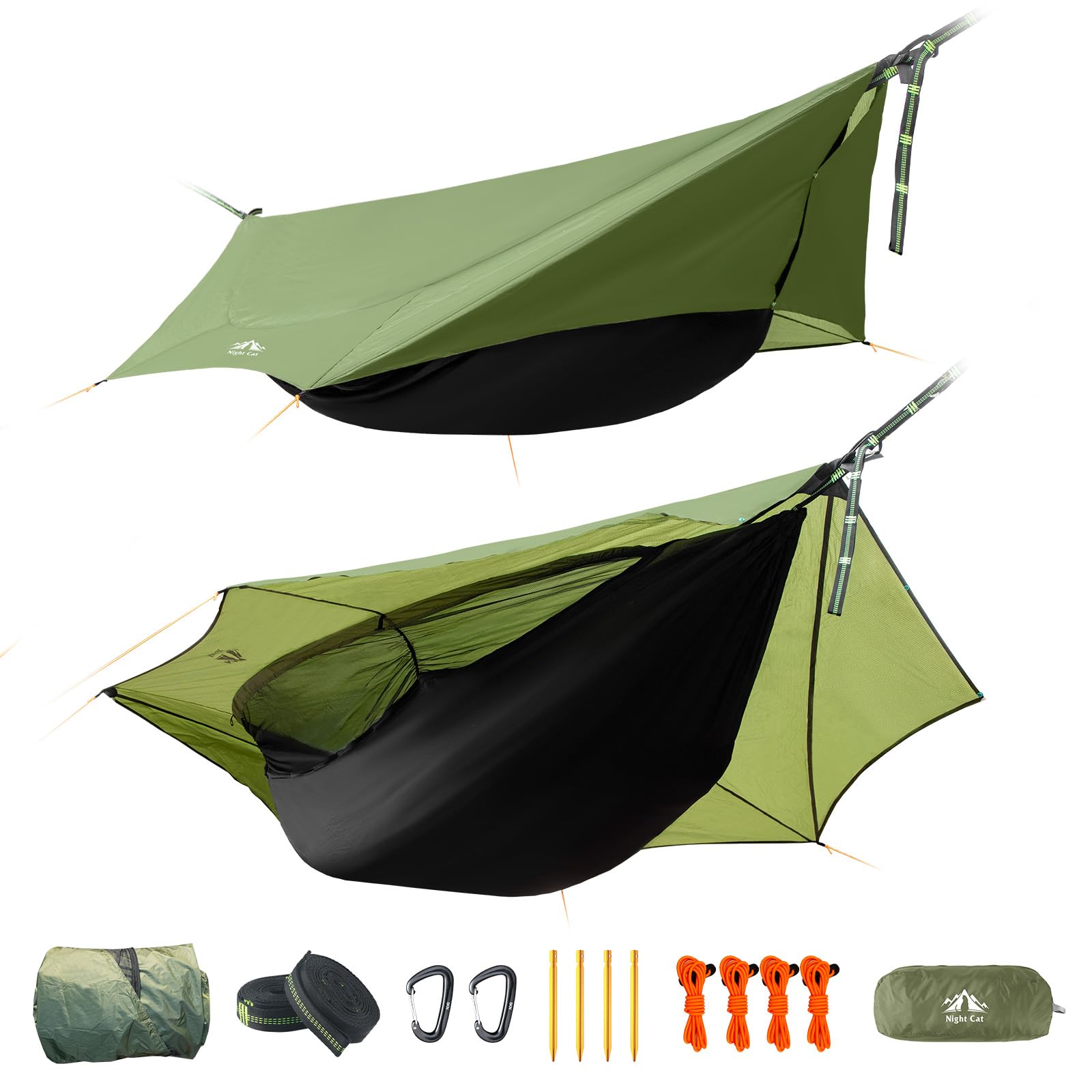 

Night Cat Hammock Includes Tarp and Insect for and Outdoor Activities Tent, Lightweight, Compact, 4-in-1 Water-Resistant Net, Hiking, Forestry, зелёный