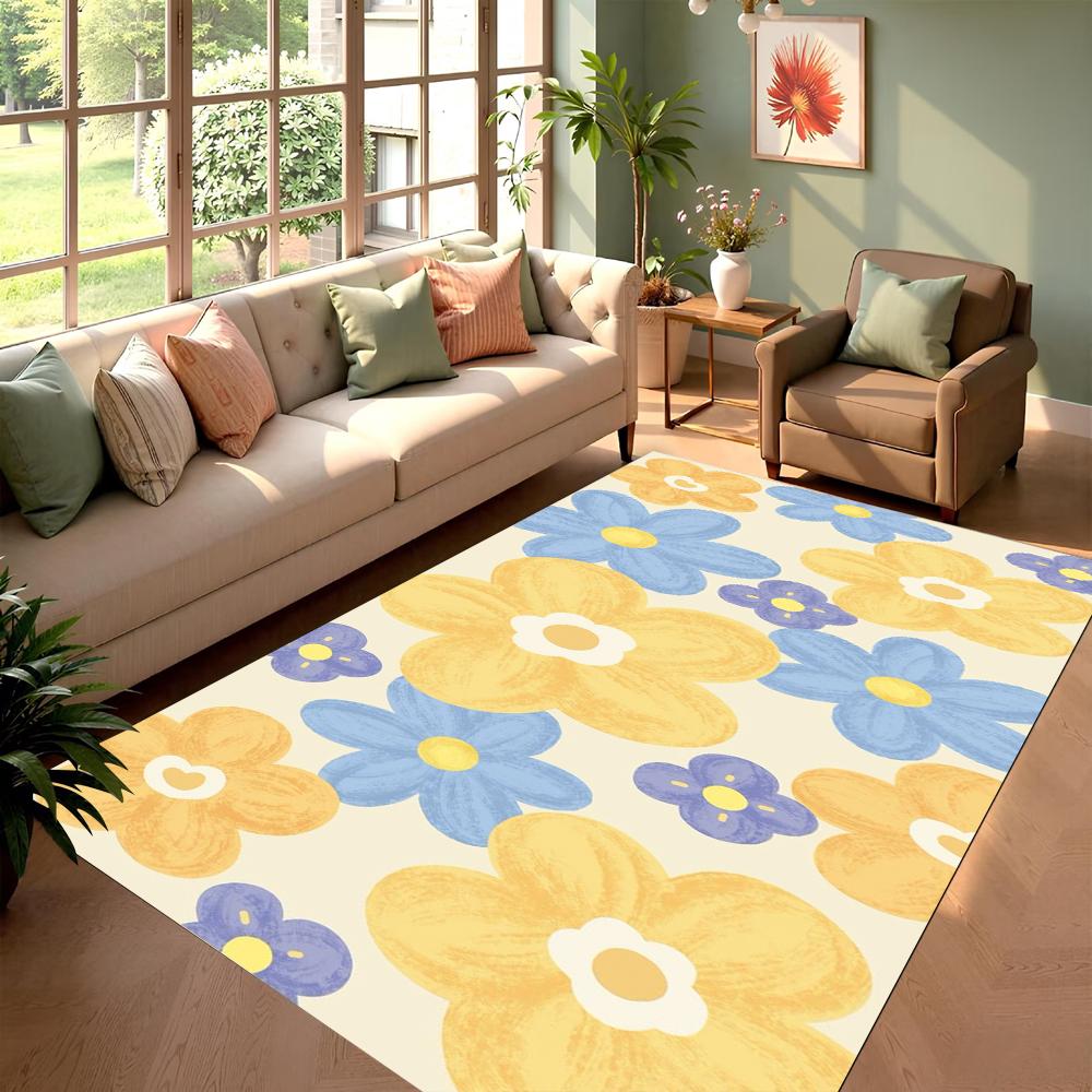 Fresh Cute Pattern Rug Heart Daisy Colorful Flower Soft Tone Non-Slip Durable Large Carpet for Living Room Bedroom