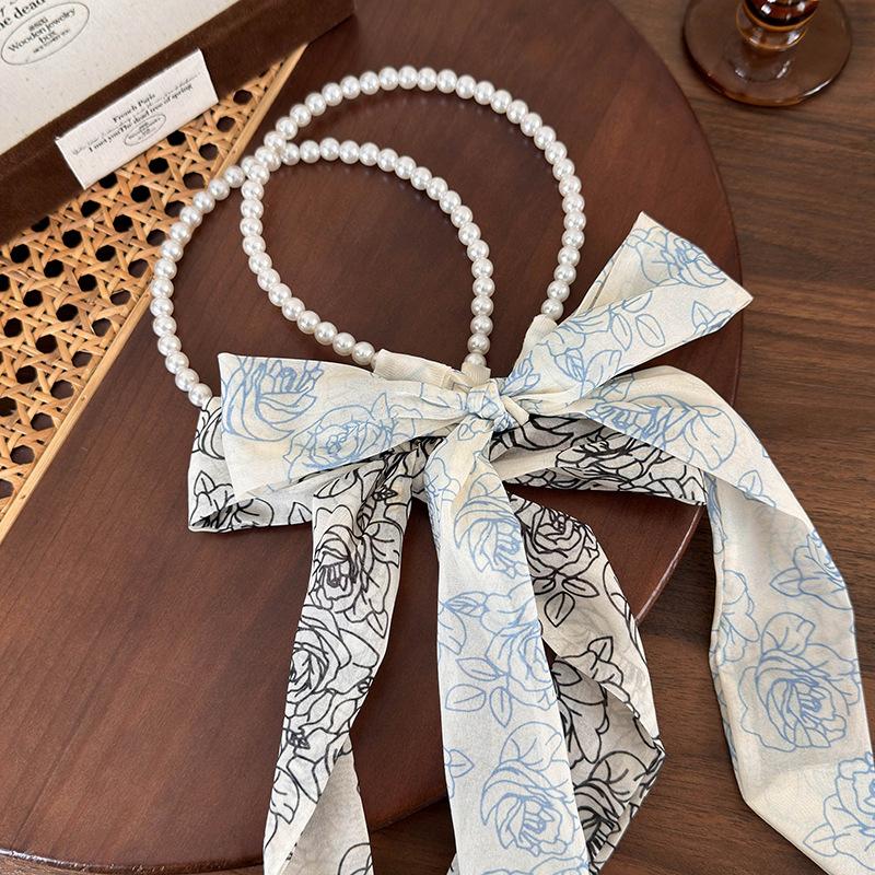 Rose Flowers Silk Scarf Hairband Retro Pearl Hair Hoop Braided Hair Streamers For Womens Girls Elegant Headband Hair Accessories