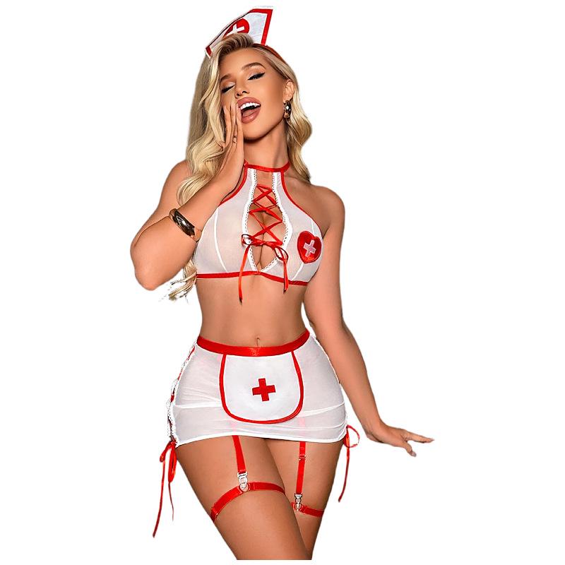 European & American Sexy Nurse Lingerie Set: Mesh & Cross Bandage Role-Playing Outfit for Women