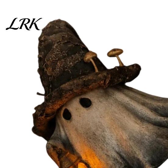 Herbstfest-Ornament Halloween Geist Zaubererhut Harzfigur mit LED-beleuchteter Laterne, Vintage handgefertigte Tischhexe für Schreibtisch
