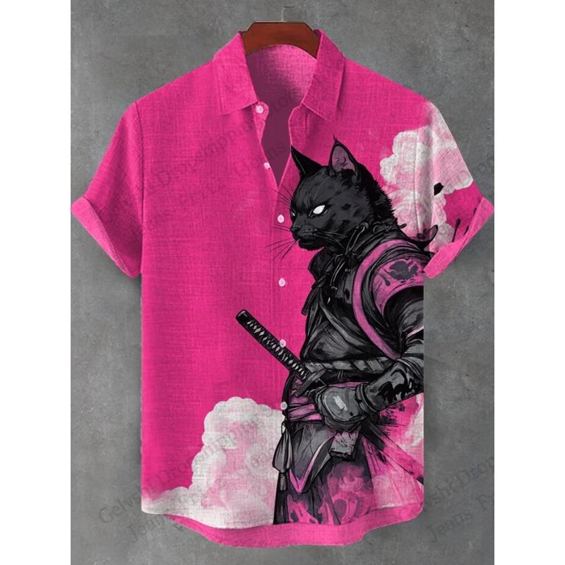 Men's Shirts Warrior Samurai Cat Print Hawaii Beach Shirt For Men 3d Print Hawaiian Shirt Women Fashion Short Sleeve