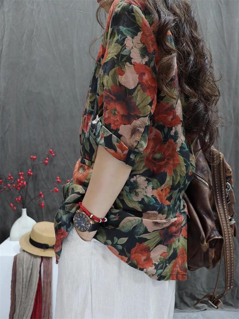 2026 New Style Women's Cotton-Linen Retro Printed Loose-Fit Casual Long Sleeve Suit