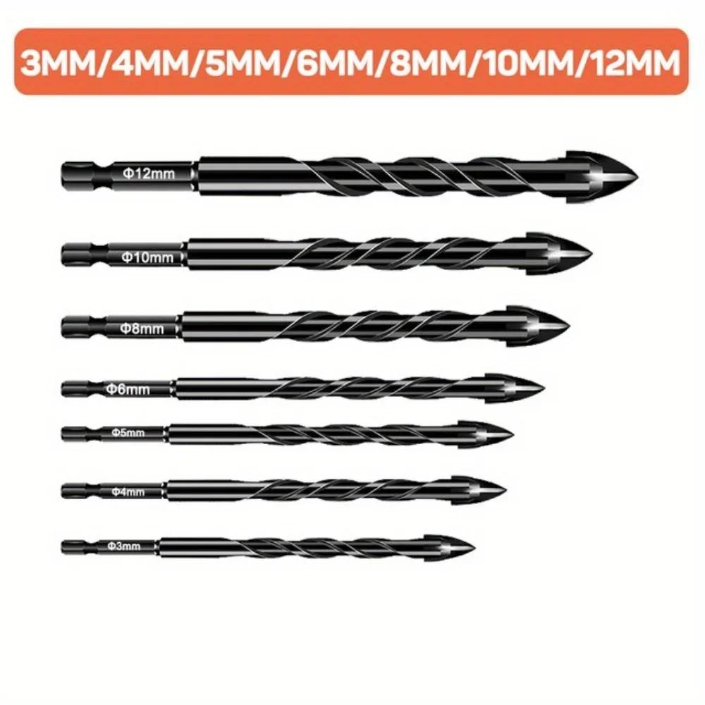 7pcs Cross Hex Tile Drill Bits - 3-12mm Glass Ceramic Concrete Hole Opener Hard Alloy Set