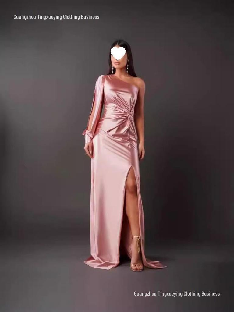 New Women's One-Shoulder Raglan Sleeve Pleated Waist Slit Sexy Long Dress