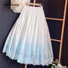 Japanese Mori Girl Spring Summer Women Midi Skirt High Waist White Blue Floral Embroidery Skirt Cotton Sweet Elegant Feminine Long Skirt