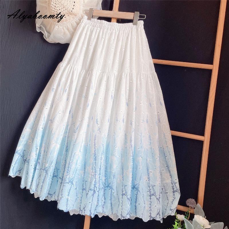 Japansk Mori Girl Vår Sommar Dam Midi-kjol Hög Midja Vit Blå Blommig Broderad Kjold Bomull Söt Elegant Feminin Lång Kjold