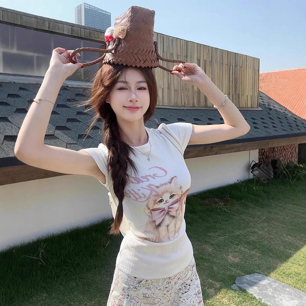 Pit strip fabric, American sweet Spice Girl cat front shoulder short-sleeved T-shirt women's summer slim-fitting and thin waist top