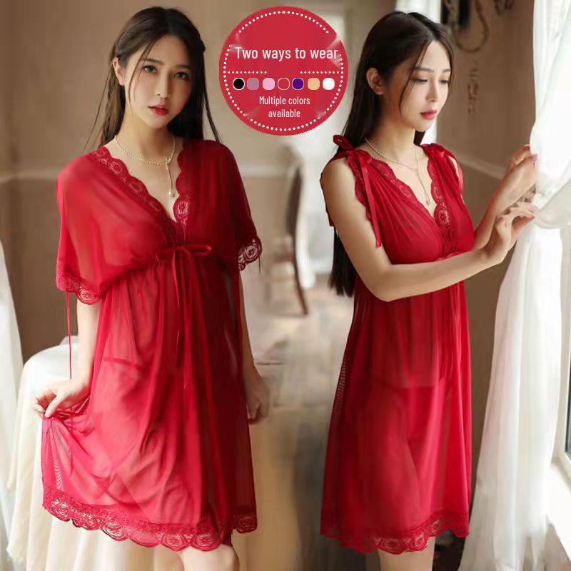 Plus Size Erotic Lace Pajamas: Sheer Two-Piece Nightdress Set