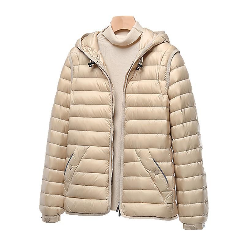 Womens Detachable Sleeve Hooded Waist-Cinched Lightweight Duck Down Jacket Winter Vest Outerwear
