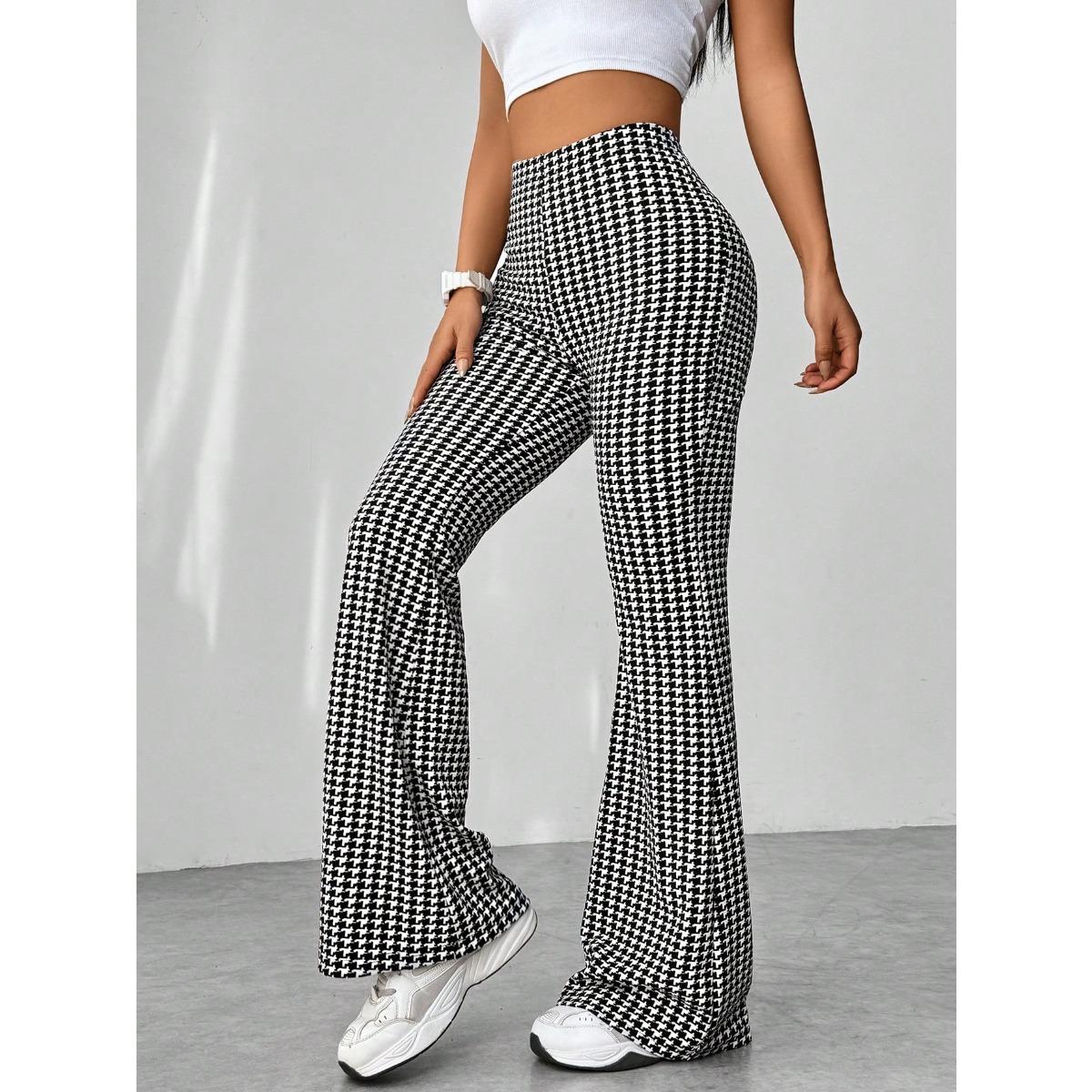 Women s High Rise Flare Pants Slim Fit Retro Houndstooth Print Polyester Spandex Trousers S