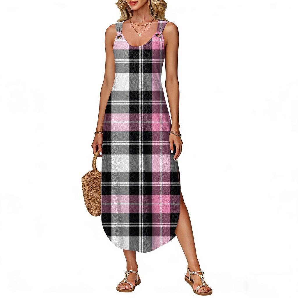 Women's Summer Long Dress, Sleeveless with Side Slits, Long Plaid Printed Vest Dress