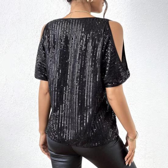Damen Oberteile Rundhals Schulterfrei Kurzarm Pullover Tops Glänzende Pailletten Sexy Party T-Shirt Urlaubs-Date-Kleidung