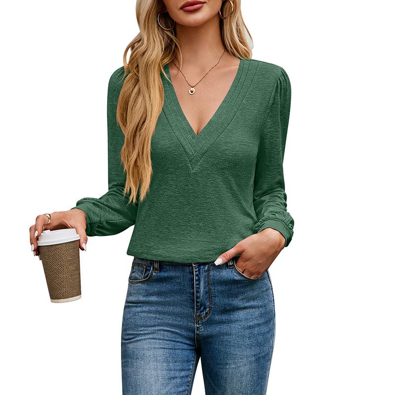 Autumn and Winter Women's Blouse Multi-Layered V-Neck Solid Colour Long Sleeve Tops