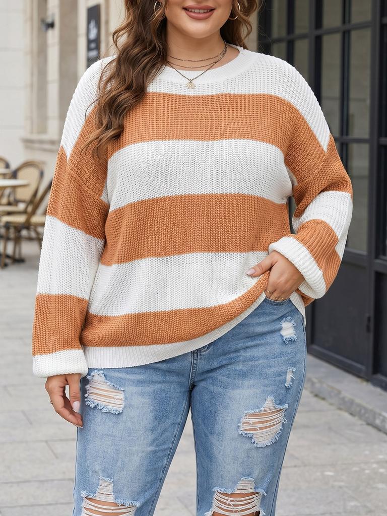 Women'S Top Plus Size Women'S Clothing Style Winter Warm Contrasting Striped Intercolor Pullover Sweater