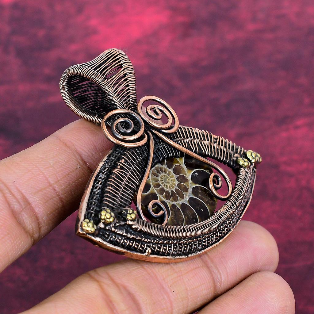 Ammonite Fossil Pendant Copper Wire Wrapped Jewelry Gemstone Handmade Pendant