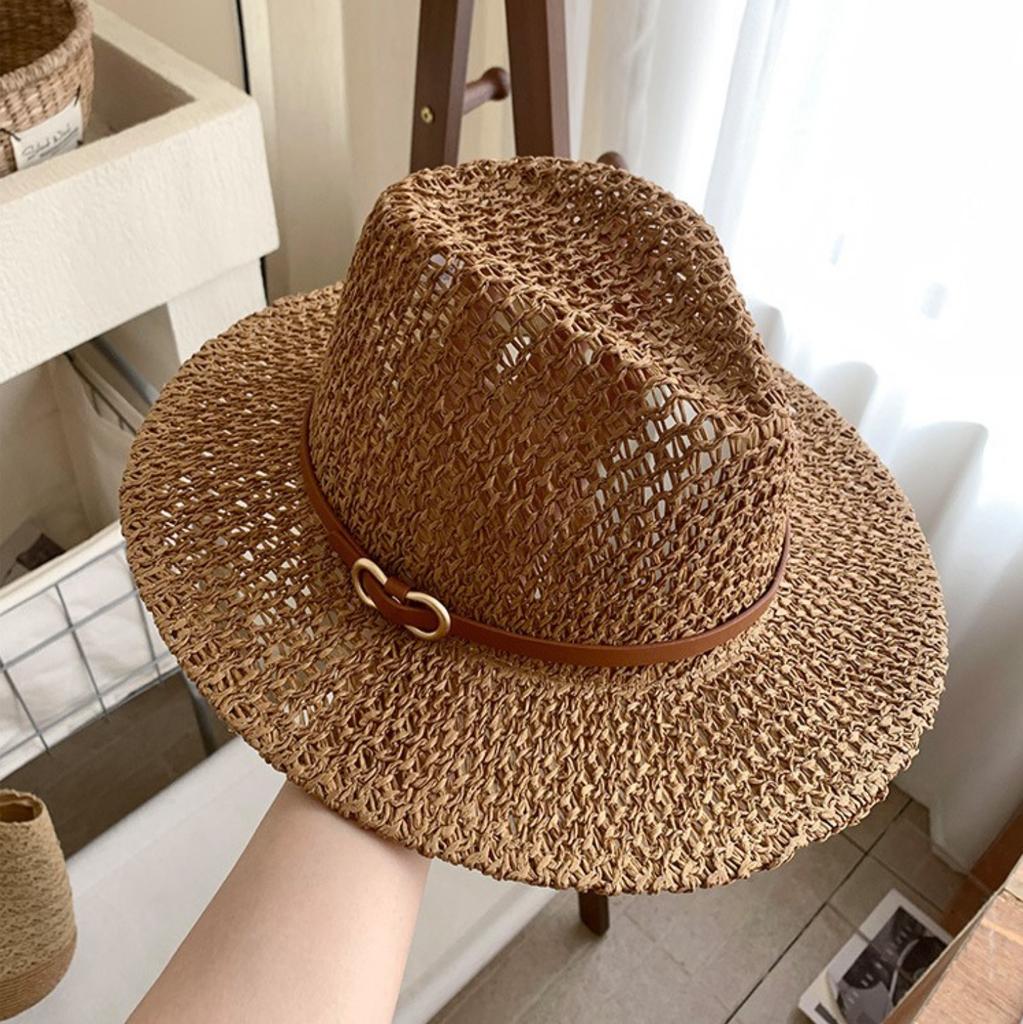 Breathable Hollow-Out Woven Straw Hat Wide Brim Fedora with Vintage Belt Buckle Sun Protection for Beach Vacation Summer