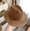 Breathable Hollow-Out Woven Straw Hat Wide Brim Fedora with Vintage Belt Buckle Sun Protection for Beach Vacation Summer