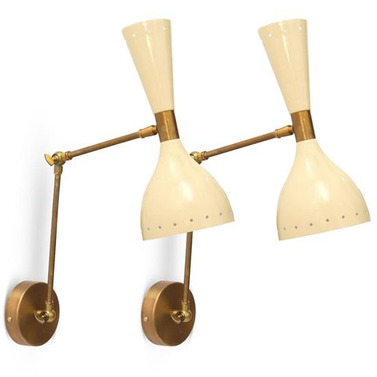 Mid-Century Modern Brass Wall Sconce  Adjustable Dual Cone Shade