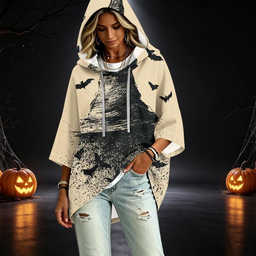 Women's Fashionable Three-Quarter-Sleeve Halloween-Printed Hooded Pullover