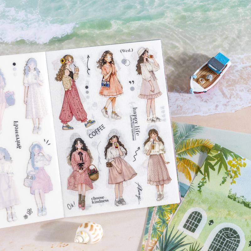 20 Sheets/pack Dual Material Self-Adhesive Sticker Book Cozy Journey Series Character Travel Theme Holiday Decoration