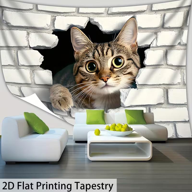 2D Cute Tabby Cat Tapestry White Brick Wall 2D Illusion Wall Hanging