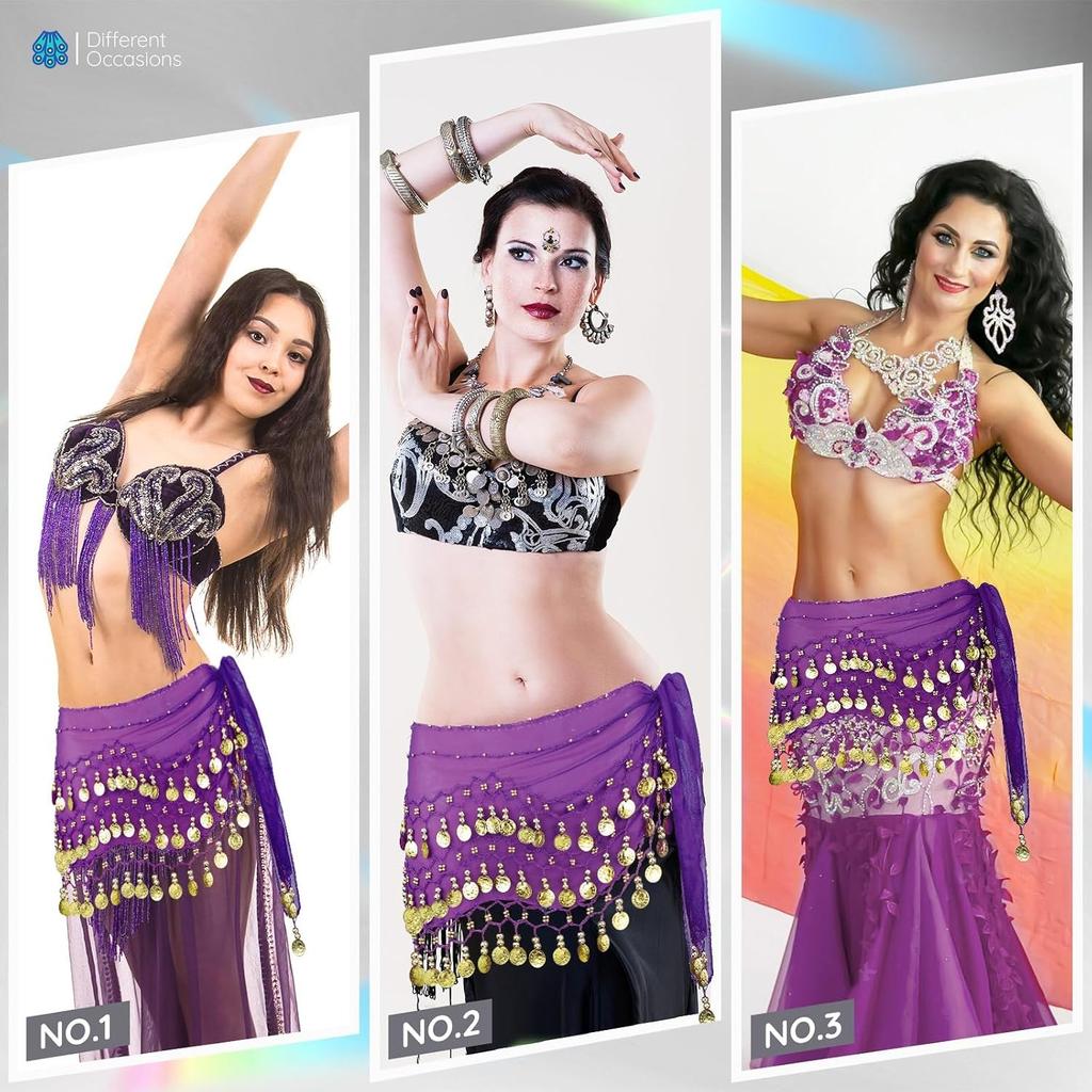 Belly Dance Hip Scarf, Women's Chiffon Belly Dancing Scarf with 128 Coins for Yoga Class