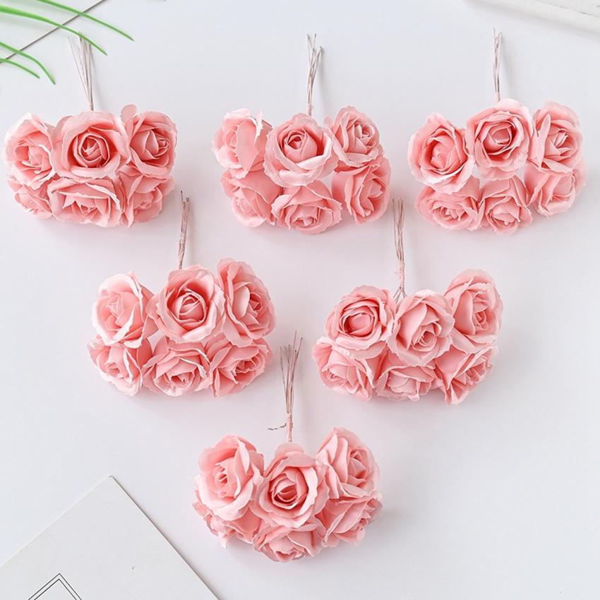 6Pcs Artificial Silk Rose Bundle For Christmas Wedding Bridal Bouquet Decoration Home Ornamental Flowerpot Accessory Fake Flower