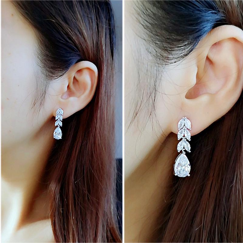 Cao Shi European & American Fashion Zircon Leaf Drop Earrings for Women