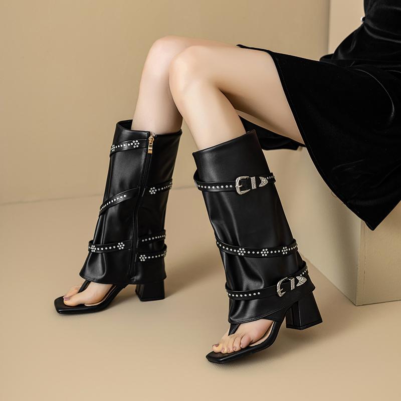Plus Size Roman Clip Toe High Tube Women's Cool Boots Thin Strap Decal Belt Buckle Zipper Ultra Thick Heel Hollow Sexy Sandals