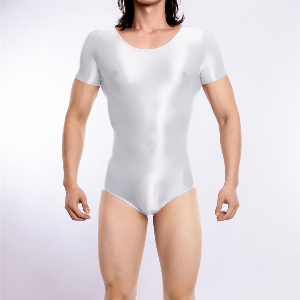 Sexy Men Sheer See Through High Cut Bodysuit Oil Glossy Shiny Maid Tights Stain Yoga Elastic Shaping Leotard Dance Wear