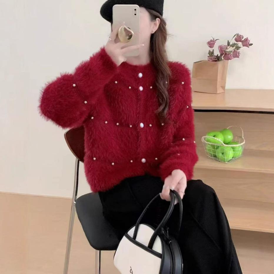 French small fragrant temperament bead-encrusted diamond sweater cardigan autumn and winter soft waxy gentle round neck knitted jacket women
