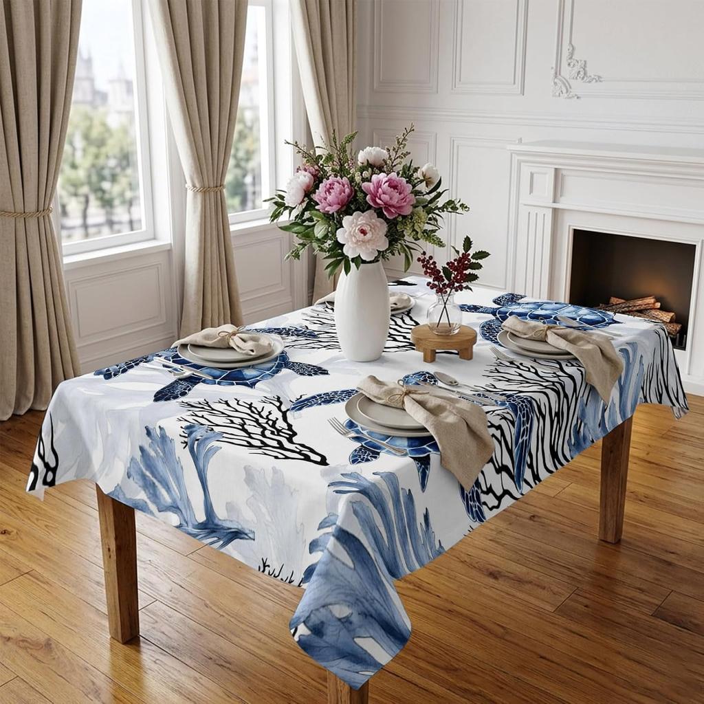 Coastal Sea Turtle Rectangle Table Cloth for Table Decor Waterproof Machine Washable Reusable Tablecloth for Table Dining Room