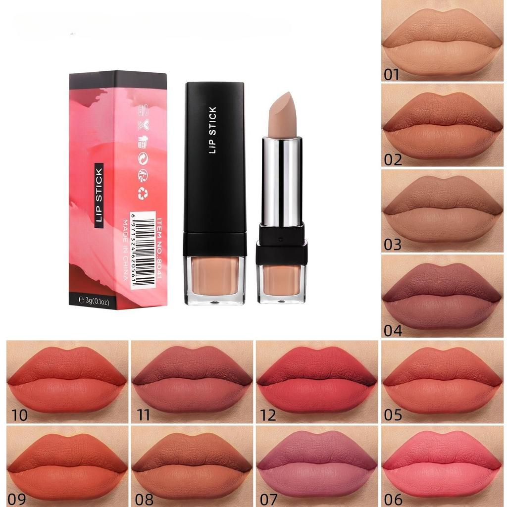 Matte Matte 12-Farben-Single-Lippenstift-Samt, nicht leicht zu klebender Cup-Lippenstift, einfach zu verwendender Make-up-Lippenstift