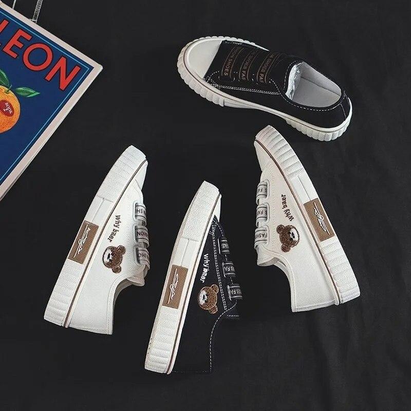 Boty pro ženy Výšivka Medvěd Plátěné Boty Dámské Studentský Trend Sportovní Ležérní Platforma Vulkanizované boty Plochá obuv