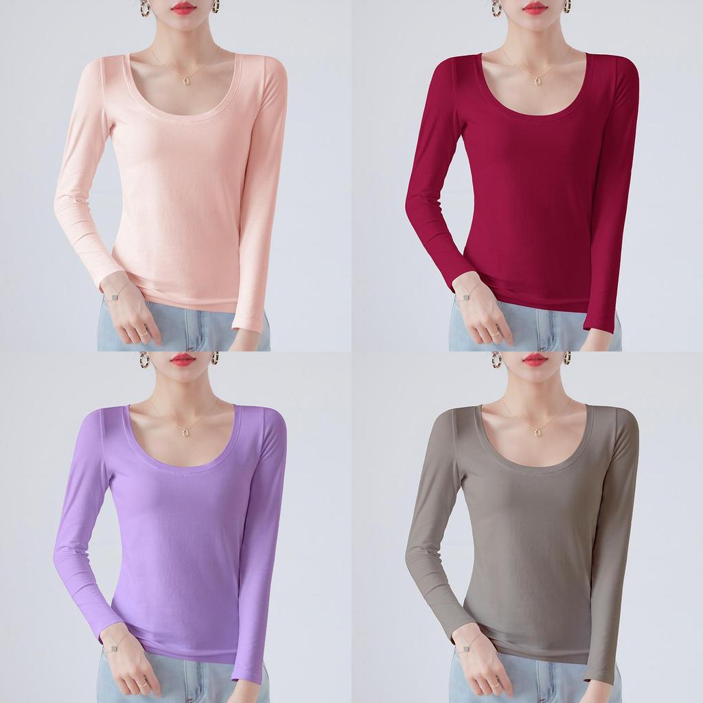 Cotton Crew Neck Slim Fit Long Sleeve Tshirt With Solid Color For Casual Wear