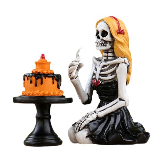 Skeleton Girl Ornament Skeleton Girl Eating A Cake Figurine Gothic Tabletop Sculpture for Halloween Party Decoration